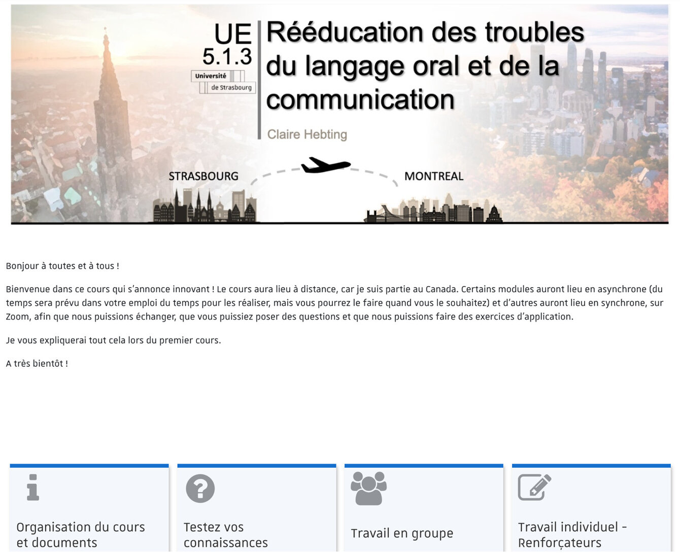 Interface de la page Moodle du cours